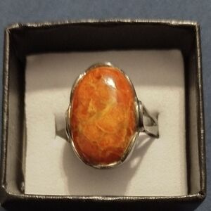 Vintage Real Coral Vibrant 925 Sterling Silver Modernist NK Ring Sz 6.5 PreWorn